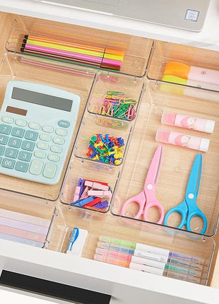 Vtopmart 15 PCS Clear Plastic Drawer Organizers Set, 4-Size Versatile Bathroom and Vanity Organizer Trays, Non-Slip Storage Containers for Makeup, Jewelries, Bedroom，Kitchen Utensils and Office