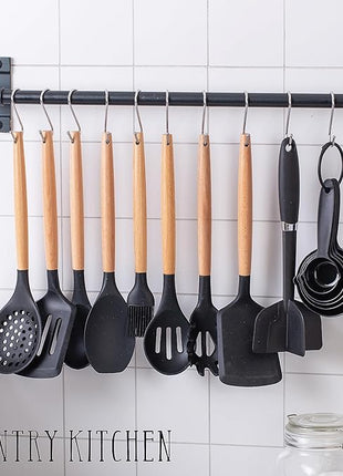 Country Kitchen Non Stick Silicone Utensil Set with Rounded Wood Handles for Cooking and Baking, 38 Piece Set, Black