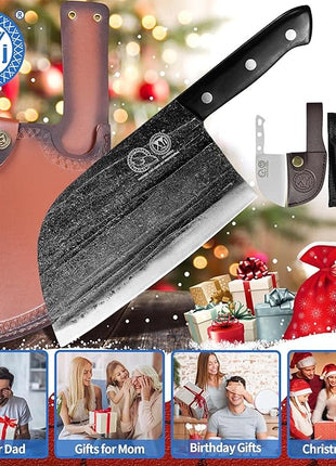 XYJ Authentic Since 1986,Outstanding Ancient Forging, 7.5 Inch Full Tang, Serbian Chefs knife,Chef Meat Cleaver,Kitchen Knives,Set with Leather Sheath,Take Carrying,Butcher