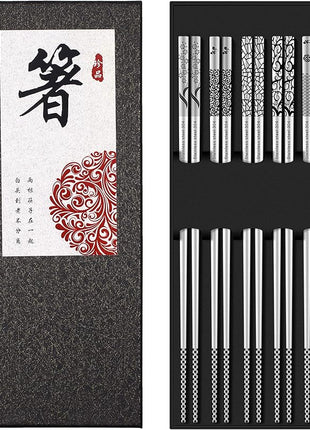 Metal Chopsticks Reusable 18/8 Stainless Steel Chopsticks Multipack Dishwasher Safe Chop Sticks Cute Laser Engraved Non-slip Japanese Korean Chopstick for Cooking Eating 9 1/4 Inches 5 Pairs Gift Set