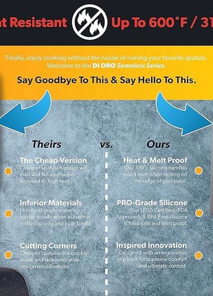 DI ORO Silicone Turner Spatula Set - Forever Warranty - Kitchen Spatulas for Nonstick Cookware - 600°F Heat-Resistant & BPA Free - Flexible & Thin Flippers for Turning Eggs & Pancakes (6 Piece, Black)