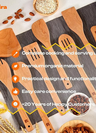 Riveira Cherry Wooden Spoons for Cooking Set of 9 – Natural Cherry Wooden Cooking Utensils, Wooden Spatula, Wooden Spoon - Premium Quality Wooden Utensil Set for Non-Toxic Cooking