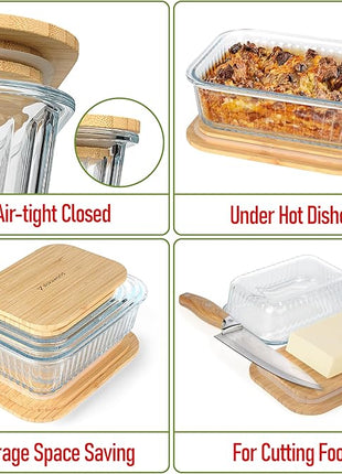 Ribbed Glass Tupperware Set with Bamboo Lids - 4 Stackable Meal Prep Containers. Durable heat resistant Inert Borosilicate Glass