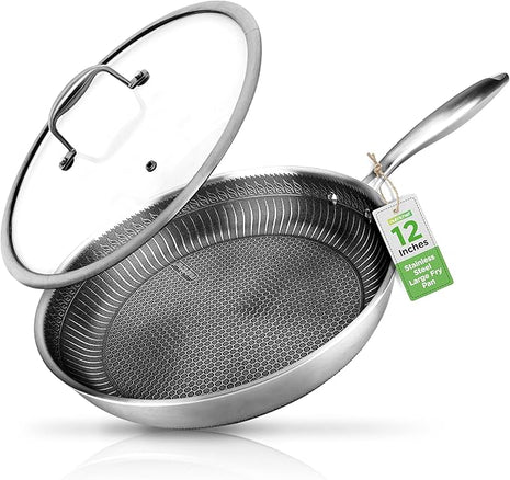 NutriChef 12" Stainless Steel Frying Pan with Lid- Triply Hybrid Large Skillet, Scratch-resistant Raised-up Honeycomb Fire Textured Pattern, Oven & DIshwasher Safe, NC3PL12