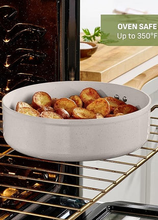 T-Fal Revive Ceramic Nonstick Cookware Set, Oven Safe Up to 350ºF, 12-Piece, Includes Stockpot, Saucepan, Skillet, Frying Pans, Utensils, Ceramic Pots and Pans Set, Beige Granite