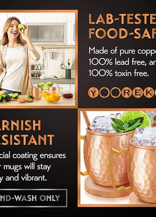 Moscow Mule Mugs - 100% Pure Copper for Drinking Beverages with Moscow Mule Cups Set of 4-16 oz Mugs, 4 Straws, 4 Coasters, Stirring Spoon, Shot Glass, Brush & Pure Copper Cup Gifts for Him