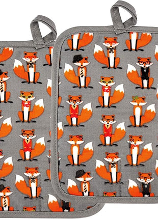 Pot Holders Set of 2 Heat Resistant 480 ℉ Non Slip Clear Silicone Printed Comfortable Cotton Lining Kitchen Women Men Cooking Baking Microwave Machine Washable (Fox, Gray Potholders)