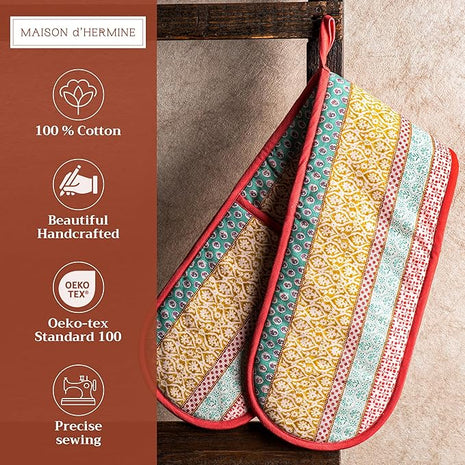 Maison d' Hermine Double Oven Mitts 100% Cotton 7"x35" Double Oven Mitt Heat Resistant BBQ Cooking Gloves with Loop, Baking, Grilling, Home, Kitchen, Handling Hot Pans Spring Summer (Provence)