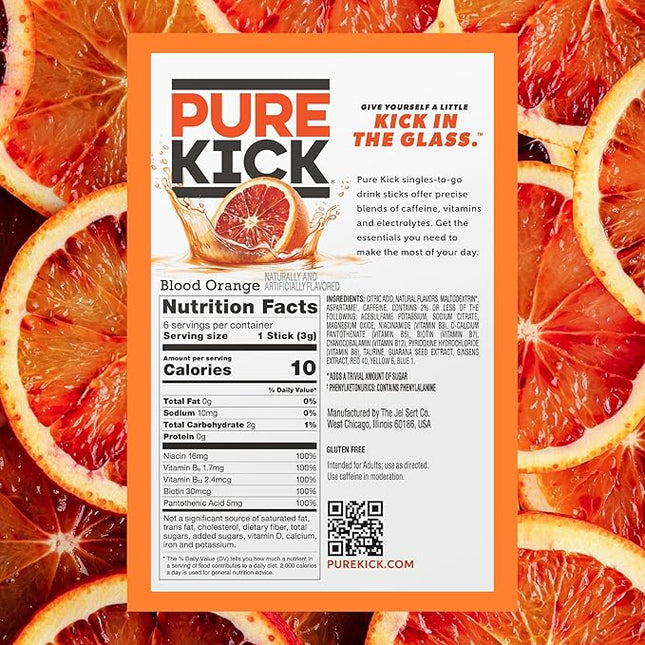 Pure Kick Energy Singles To Go Drink Mix, Blood Orange, Includes 12 Boxes with 6 Packets in each Box, 72 Total Packets