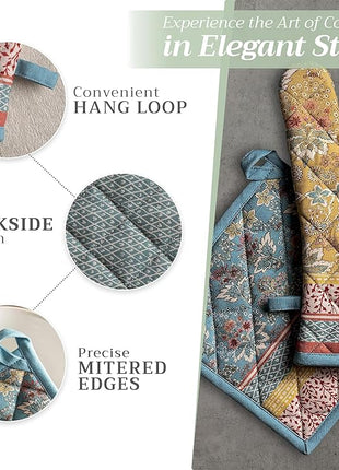 Maison d' Hermine 100% Cotton Oven Mitt & Pot Holder Set (7.5"x13" & 8"x8") Heat Resistant BBQ Cooking Gloves with Loop, Baking, Grilling, Kitchen, Handling Hot Pans Spring/Summer (Marquise)