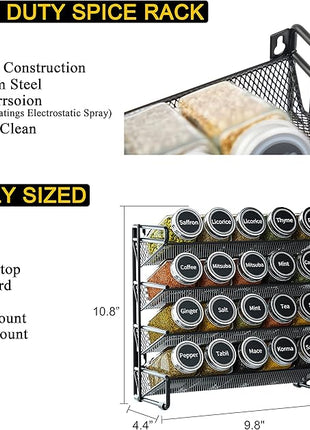 SpaceAid Spice Rack Organizer with 20 Spice Jars, 386 Spice Labels, Chalk Marker and Funnel Set for Cabinet, Countertop, Pantry, Cupboard or Door & Wall Mount - 20 Jars, 9.8" W × 10.8“H, Black