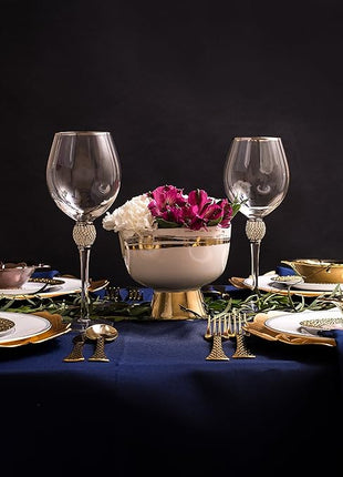 Trinkware Set of 2 Wine Glasses - Rhinestone "DIAMOND" Studded With Silver Rim - Long Stem, 16oz, 10-inches Tall - Elegant Glassware And Stemware