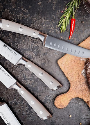 Dalstrong Steak Knife Set-4-5 Straight Blade Edge-Gladiator Series-Forged German High-Carbon Steel-w/Sheaths-Glacial White ABS Handle-Dinner Set Kitchen Knives