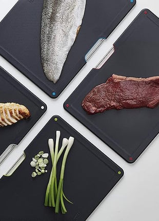 Joseph Joseph Folio 4-Piece Colour coded Cutting Board Set, Stainless Steel Slimline case for organized Kitchen storage, Silver