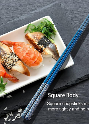 Metal Chopsticks Reusable Multicolor Stainless Steel Chopsticks Dishwasher Safe Chop Sticks Laser Engraved Copper Coin Pattern Square Non-slip, 9 1/4 Inches 5 Pairs Gift Set