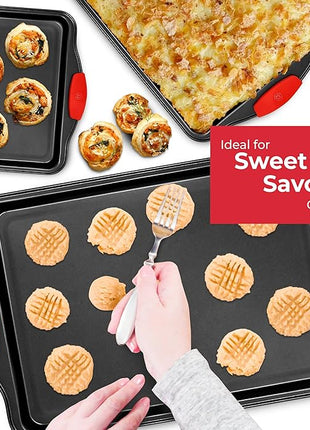 PERLLI Non-Stick 3-Piece Baking Pan Set, BPA-Free Carbon Steel Bakeware Set with Silicone Handles, Stackable Kitchen Oven Set, Cookie Sheet, Baking Tray, Baking Sheet Set, Oven Safe (446°F)