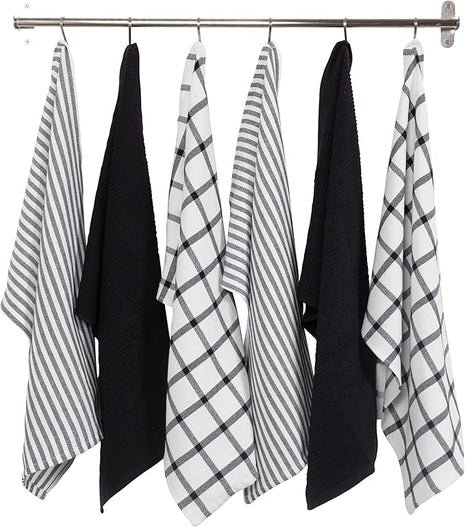 KAF Home Premium Kitchen Towels (18" x 28"), Large 100% Cotton, Flat & Terry Absorbent Dish Towel Set (Black, 18 x 28-6 Pack)