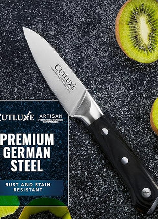 Cutluxe Paring Knife, 3.5" Small Kitchen Peeling Knife with Razor Sharp Blade – High Carbon German Steel, Full Tang, Ergonomic Handle Design – Artisan Series
