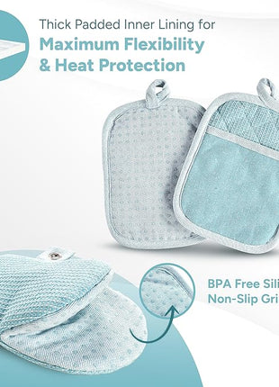 Casa Platino Oven Mitts and Pot Holders Sets, 8-Piece – 500°F Heat Resistant Mini Oven Mitts with Silicone Grip, Potholders for Kitchens, 2 Kitchen Towels & 2 Dish Cloths – Non-Slip & Durable – Aqua