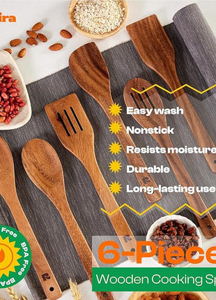 Riveira Walnut Wooden Spoons for Cooking Set of 6 – Natural Walnut Wooden Cooking Utensils, Spatula, Spoon - Premium Quality Utensil Set for Non-Toxic Cooking