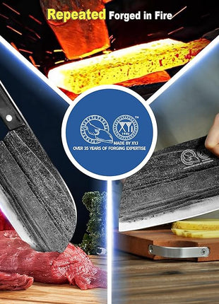 XYJ Authentic Since 1986,Outstanding Ancient Forging, 7.5 Inch Full Tang, Serbian Chefs knife,Chef Meat Cleaver,Kitchen Knives,Set with Leather Sheath,Take Carrying,Butcher