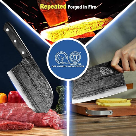 XYJ Authentic Since 1986,Outstanding Ancient Forging, 7.5 Inch Full Tang, Serbian Chefs knife,Chef Meat Cleaver,Kitchen Knives,Set with Leather Sheath,Take Carrying,Butcher