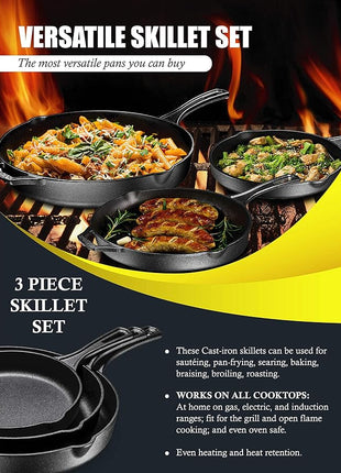 Bruntmor 8, 10 and 12 Inch Pre-Seasoned Frying Pan Set of 3, Oven Safe Skillet, Grill Pan Set, Nonstick Cookware with Side Drip Lips, Black