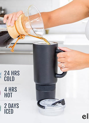 Ello Port 40oz Tumbler with Carry Loop & Integrated Handle, Vacuum Insulated Stainless Steel Reusable Water Bottle, Travel Mug with Leak Proof Lid and Straw, Perfect for Iced Coffee and Tea, Black