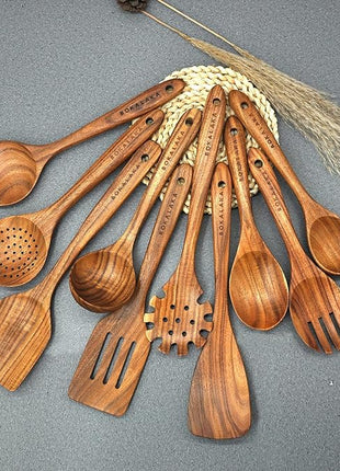Wooden Spoons for Cooking,10 Pcs Natural Teak Wooden Kitchen Utensils Set Wooden Utensils for Cooking Wooden Cooking Utensils Wooden Spatulas for Cooking (10)