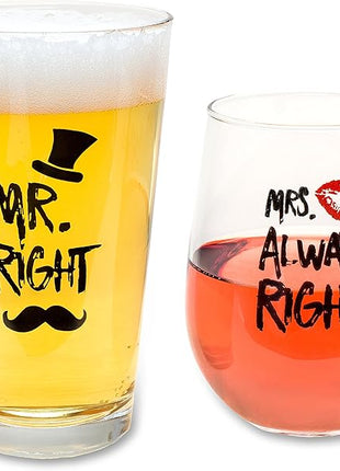 Funny Mr. Right and Mrs. Always Right Novelty Wine Glass and Beer Glass | Includes Fun, Stylish Gift Box | For Weddings, Engagement, Newlywed, Bachelorette, Anniversary, Couples Gifts
