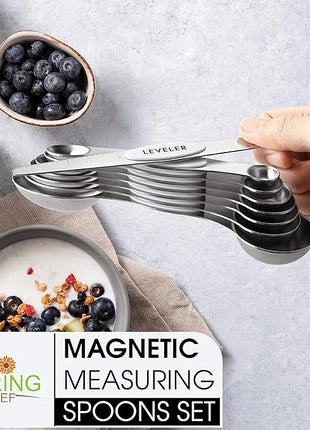 Spring Chef White Stainless Steel Magnetic Measuring Spoons Set of 8 with Leveler, Dual Sided Metal Teaspoon & Tablespoon Measuring Spoons, Fits in Spice Jars, Kitchen Gadgets for Baking & Cooking