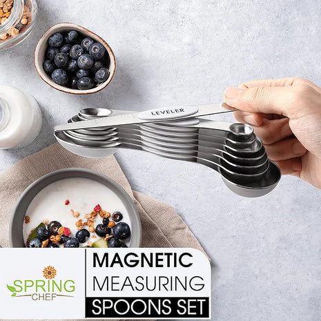 Spring Chef White Stainless Steel Magnetic Measuring Spoons Set of 8 with Leveler, Dual Sided Metal Teaspoon & Tablespoon Measuring Spoons, Fits in Spice Jars, Kitchen Gadgets for Baking & Cooking