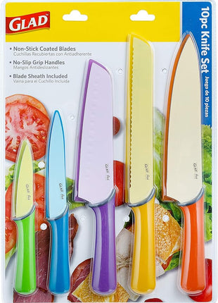 GLAD Knife Set for Kitchen – Stainless Steel Chef Knives with Sheaths | Sharp Colored Blades with Non-Slip Handles | Assorted Nonstick Cooking Essentials for Home
