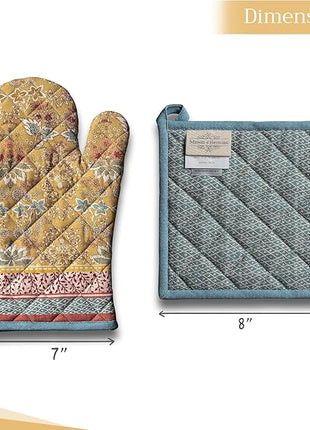 Maison d' Hermine 100% Cotton Oven Mitt & Pot Holder Set (7.5"x13" & 8"x8") Heat Resistant BBQ Cooking Gloves with Loop, Baking, Grilling, Kitchen, Handling Hot Pans Spring/Summer (Marquise)