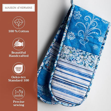 Maison d Hermine Summer Blue 100% Cotton Easter Double Oven Glove with Loop Heat Resistant for BBQ | Cooking | Baking | Grilling | Microwave | Barbecue | Spring/Summer (7.5 Inch by 35 Inch)