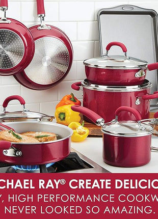 Rachael Ray Create Delicious Nonstick Cookware Pots and Pans Set, 13 Piece, Red Shimmer