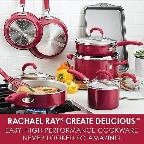 Rachael Ray Create Delicious Nonstick Cookware Pots and Pans Set, 13 Piece, Red Shimmer