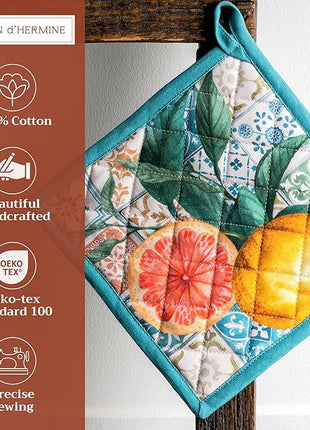 Maison d' Hermine Pot Holders Set 100% Cotton Heat Resistant Potholders 8" x 8" Hot Pads with Loop BBQ, Cooking, Baking, Grilling, Kitchen, Handling Hot Pans Spring/Summer (Pack of 2, Agrume)