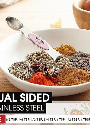 Spring Chef Stainless Steel Magnetic Measuring Spoons Set of 8 with Leveler, Dual Sided Teaspoon & Tablespoon Measuring Spoons with Strong Magnets, Kitchen Gadgets for Baking & Cooking - Pink Lemonade