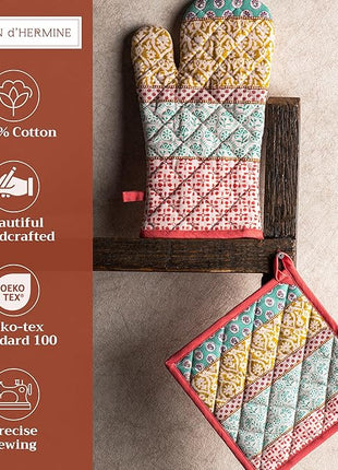 Maison d' Hermine 100% Cotton Oven Mitt & Pot Holder Set (7.5"x13" & 8"x8") Heat Resistant BBQ Cooking Gloves with Loop, Baking, Grilling, Kitchen, Handling Hot Pans Spring/Summer (Provence)