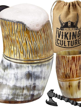 Viking Culture Ox Horn Mug, Shot Glass, and Axe Bottle Opener (3 Pc. Set) Authentic 16-oz. Ale, Mead, and Beer Tankard | Vintage Stein with Handle | Custom Intricate Design - Natural Finish | The Jarl