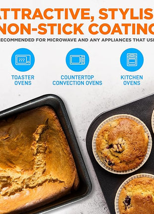 NutriChef 8-Piece Stackable Nonstick Bakeware Set - Premium Steel Baking Pans Set - Includes Round Cake Pan, 6-Cup Muffin Pans, Wide/Square Brownie & Loaf Pans, Cookie Sheet, & Roaster Pan (Black)