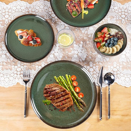 LeRatio Ceramic Dinnerware Sets for 4,Porcelain Plates and Bowls Sets, Reactive Glaze Dishes Set,Chip Resistant and Scratch Resistant | Oven&Dishwasher & Microwave Safe,Service for 4-Green&Black