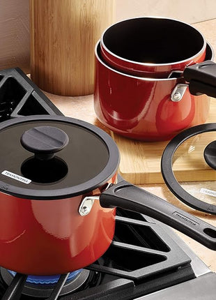 Tramontina Aluminum Non Stick 6-Piece Nesting Sauce Pan Set with Lids - Red, Kitchen Nonstick Cookware Set, Dishwasher and Oven Safe