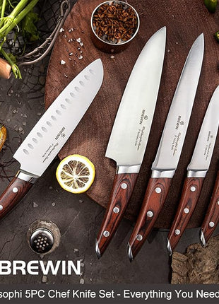 Brewin CHEFILOSOPHI Japanese Chef Knife Set 5 PCS with Elegant Red Pakkawood Handle Ergonomic Design,Professional Ultra Sharp Kitchen Knives for Cooking High Carbon Stainless Steel