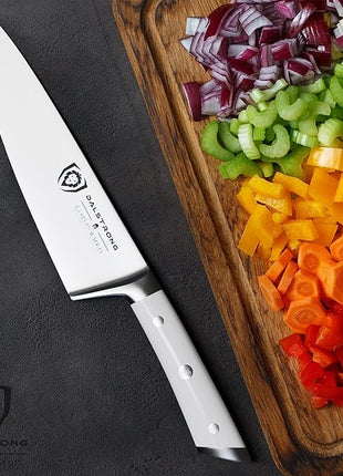 DALSTRONG Chef Knife - 8 inch Blade - Gladiator Series - Forged High Carbon German Steel - Razor Sharp Kitchen Knife - Professional Full Tang Knives - Glacial White Handle ABS - Sheath - NSF Certified