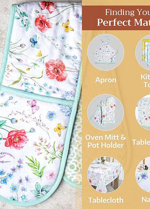 Maison d' Hermine Double Oven Mitts 100% Cotton 7"x35" Double Oven Mitt Heat Resistant BBQ Cooking Gloves with Loop, Baking, Grilling, Home, Kitchen, Handling Hot Pans Spring Summer (Just Floral).