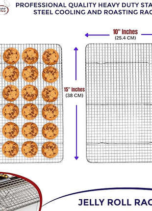 KITCHENATICS Jelly Roll Cooling Racks for Cooking and Baking, Heavy Duty Cooking Racks for Sheet Pan, Stainless Steel Wire Rack for Cooking, Cookie Cooling Rack Fits Jelly Roll Pan 15x10, Set of 2