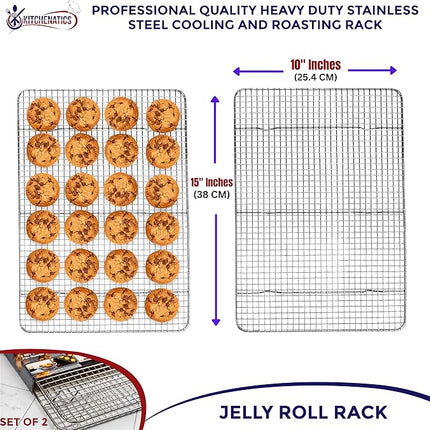 KITCHENATICS Jelly Roll Cooling Racks for Cooking and Baking, Heavy Duty Cooking Racks for Sheet Pan, Stainless Steel Wire Rack for Cooking, Cookie Cooling Rack Fits Jelly Roll Pan 15x10, Set of 2