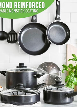 GreenLife Soft Grip Healthy Ceramic Nonstick 12 Piece Kitchen Cookware Pots and Frying Sauce Saute Pans Set, PFAS-Free with Kitchen Utensils and Lid, Dishwasher Safe, Black